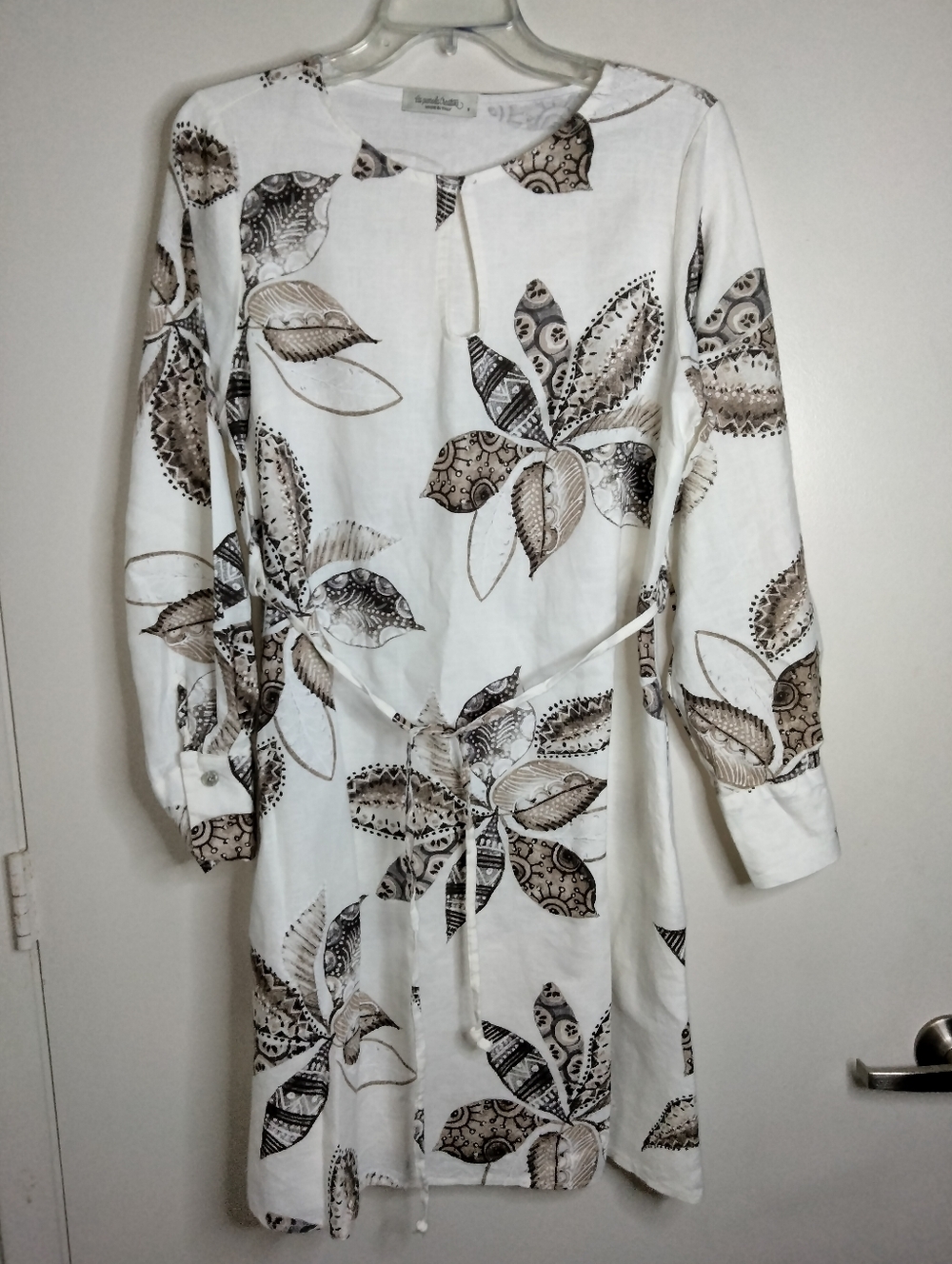 La Piccola Creativa (Sz S) Floral Linen Cotton Blend Slip Pocket LS Belted Dress
